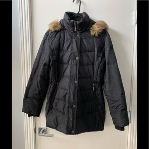 Anne Klein Puffer jacket  mid length  with fur hood Detachable in black